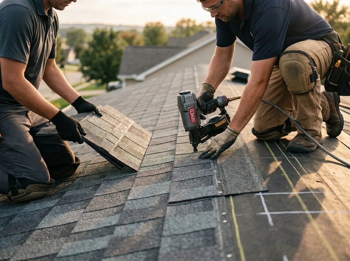 Professional roofer working on a residential roof in Eastpointe